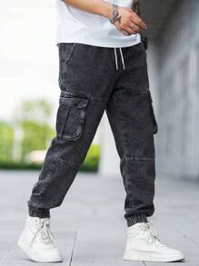 Aesthetic Post 男士翻蓋口袋腰部抽繩工裝牛仔褲 - 深灰色 - 查看 8