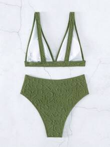 素色高腰比基尼泳裝 - 綠色 - 查看 6