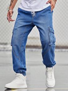 Manfinity Lỏng lẻo phù hợp Nam Quần jean chở hàng Với Flap túi , Bên Eo dây rút - Rửa trung bình - Xem 3