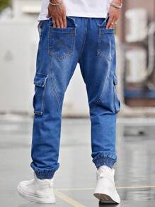 Manfinity Lỏng lẻo phù hợp Nam Quần jean chở hàng Với Flap túi , Bên Eo dây rút - Rửa trung bình - Xem 4