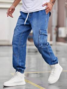 Manfinity Lỏng lẻo phù hợp Nam Quần jean chở hàng Với Flap túi , Bên Eo dây rút - Rửa trung bình - Xem 5