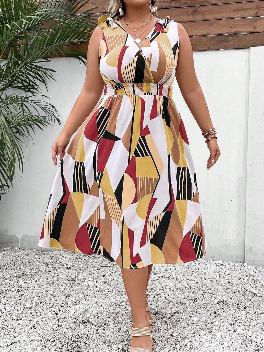 SHEIN Holidaya Plus Allover Print Knot Shoulder Dress