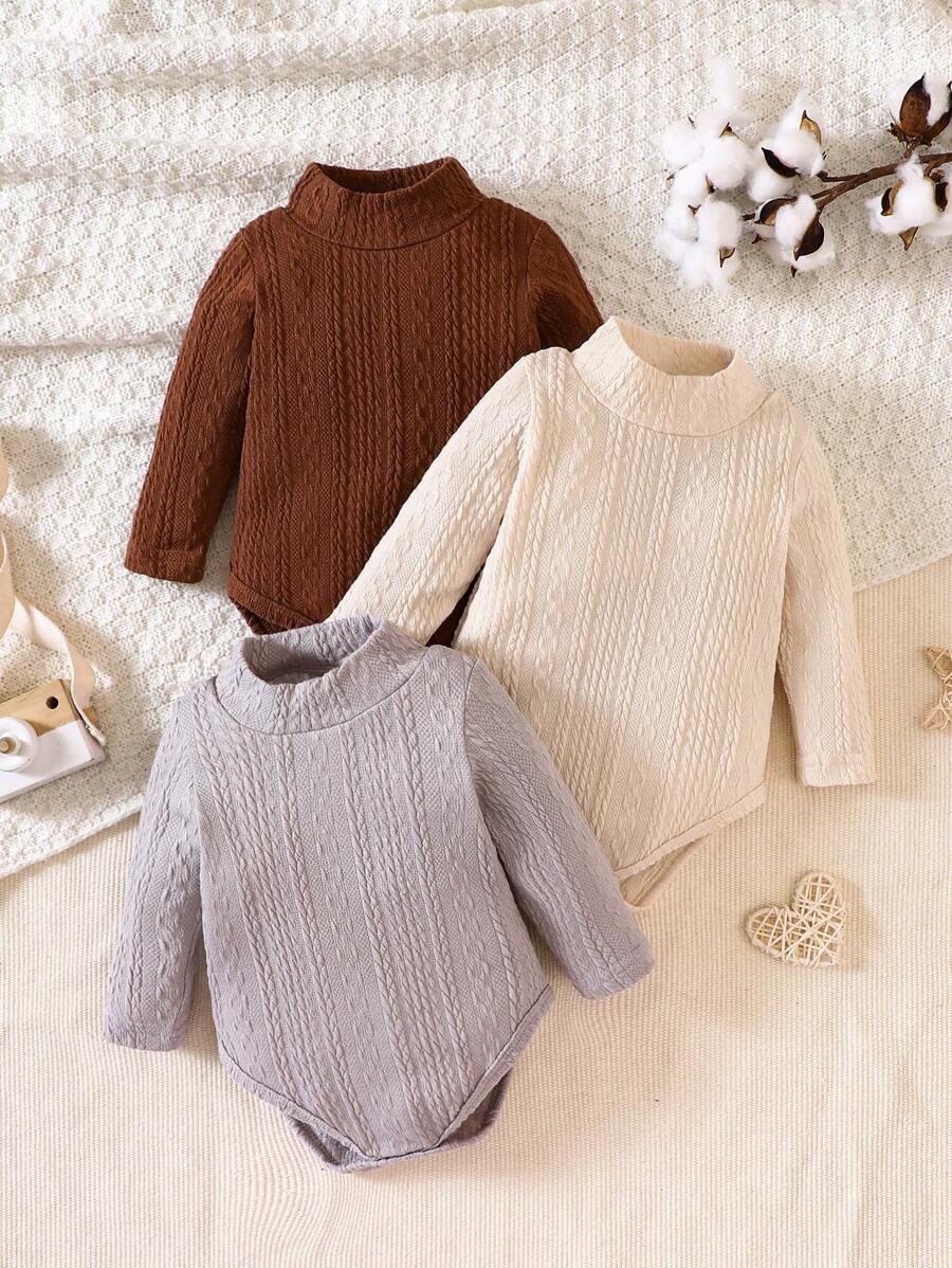 嬰兒男童3件套純色紋理高領長袖連體褲