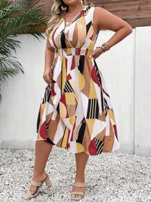 SHEIN Holidaya Plus Allover Print Knot Shoulder Dress