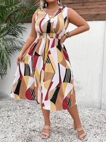 SHEIN Holidaya Plus Allover Print Knot Shoulder Dress