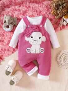 女嬰卡通圖案前蝴蝶結背帶連身褲和T恤