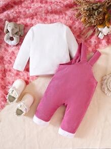 女嬰卡通圖案前蝴蝶結背帶連身褲和T恤