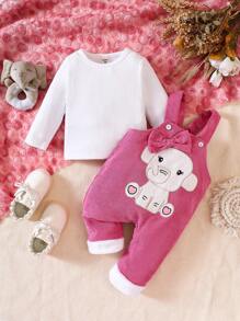 女嬰卡通圖案前蝴蝶結背帶連身褲和T恤