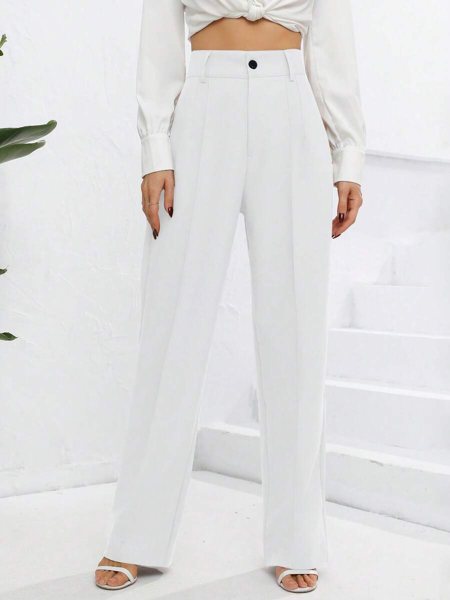 High Waist Straight Leg Trousers - White - View 1
