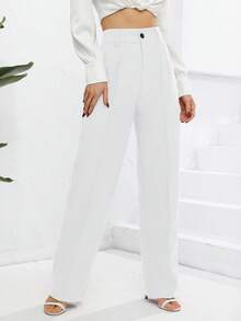 High Waist Straight Leg Trousers - White - View 3