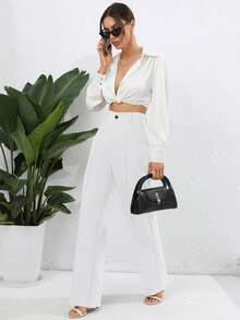 High Waist Straight Leg Trousers - White - View 6