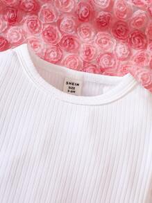 女嬰卡通圖案前蝴蝶結背帶連身褲和T恤