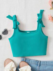 SHEIN 年輕女孩實色休閒打結肩帶背心 - 薄荷藍 - 查看 5