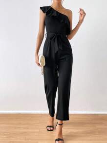 SHEIN Privé 單肩荷葉邊腰帶連身褲 - 黑色 - 查看 1