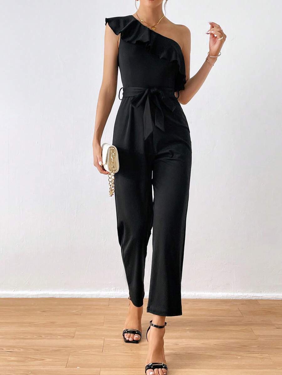 SHEIN Privé 單肩荷葉邊腰帶連身褲 - 黑色 - 查看 1