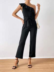 SHEIN Privé 單肩荷葉邊腰帶連身褲 - 黑色 - 查看 4