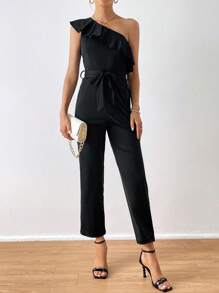 SHEIN Privé 單肩荷葉邊腰帶連身褲 - 黑色 - 查看 6