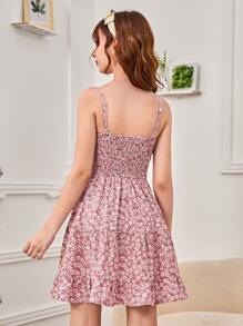 SHEIN 青少年女孩碎花胸部褶皺荷葉邊吊帶連衣裙 - 彩色 - 查看 2