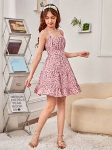 SHEIN 青少年女孩碎花胸部褶皺荷葉邊吊帶連衣裙 - 彩色 - 查看 4