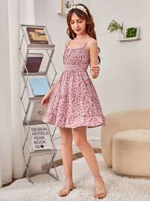 SHEIN 青少年女孩碎花胸部褶皺荷葉邊吊帶連衣裙 - 彩色 - 查看 5