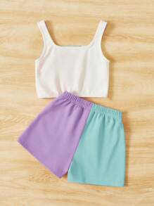 SHEIN Cô Gái Trẻ Khối màu Áo ba lỗ & Quần short - Màu xanh bạc hà - Xem 2