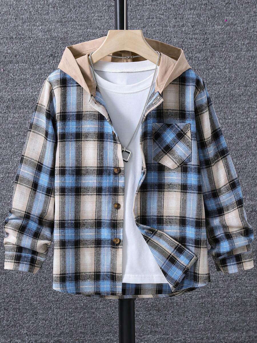 SHEIN Tween Boy Plaid Print Hooded Shirt Without Tee