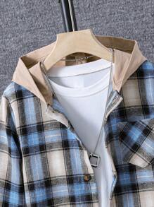 SHEIN Tween Boy Plaid Print Hooded Shirt Without Tee