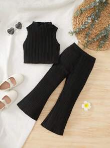 SHEIN Leap Crew Cô Gái Trẻ Cổ giả Áo ba lỗ & Quần ống loe - màu đen - Xem 1