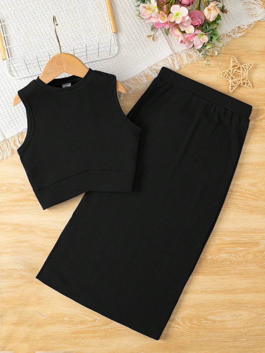 SHEIN Tween Girl Solid Tank Top & Skirt