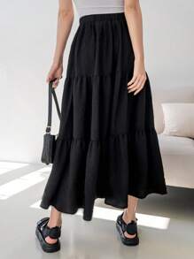 DAZY Elastic Waist Ruffle Hem Flare Skirt - Black - View 2