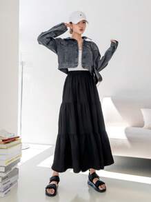 DAZY Elastic Waist Ruffle Hem Flare Skirt - Black - View 3