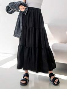 DAZY Elastic Waist Ruffle Hem Flare Skirt - Black - View 4