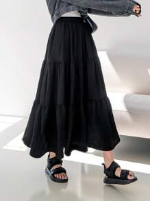 DAZY Elastic Waist Ruffle Hem Flare Skirt - Black - View 6