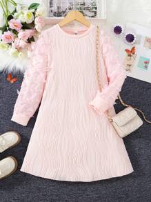 女大童素色貼花細節洋裝 - 粉色 - 查看 1