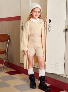 SHEIN Garota pré-adolescente Sólido Colete Suéter & Shorts De Malha & Ombro Caído Cardigans