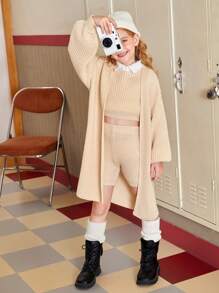 SHEIN Garota pré-adolescente Sólido Colete Suéter & Shorts De Malha & Ombro Caído Cardigans