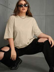 INAWLY 大码女式休闲纯色宽松短袖T恤