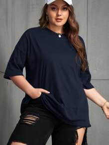 INAWLY 大码女式纯色圆领落肩休闲宽松百搭T恤 - 藏蓝色 - 查看 1