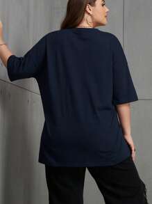 INAWLY 大码女式纯色圆领落肩休闲宽松百搭T恤 - 藏蓝色 - 查看 2