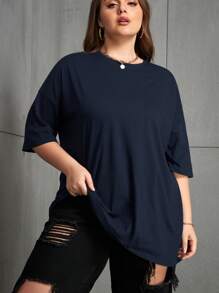 INAWLY 大码女式纯色圆领落肩休闲宽松百搭T恤 - 藏蓝色 - 查看 3