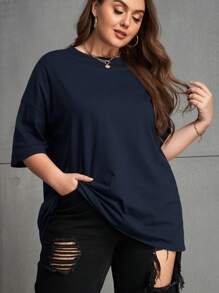 INAWLY 大码女式纯色圆领落肩休闲宽松百搭T恤 - 藏蓝色 - 查看 6