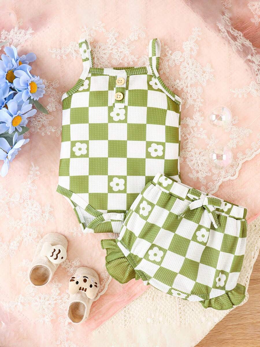 2pcs/Set Baby Summer Checkerboard & Floral Printed Soft Breathable Cute Bodysuit With Shoulder Straps & Shorts With Ruffled Hemline - Multicolor - View 1