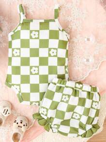 2pcs/Set Baby Summer Checkerboard & Floral Printed Soft Breathable Cute Bodysuit With Shoulder Straps & Shorts With Ruffled Hemline - Multicolor - View 2
