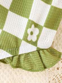 2pcs/Set Baby Summer Checkerboard & Floral Printed Soft Breathable Cute Bodysuit With Shoulder Straps & Shorts With Ruffled Hemline - Multicolor - View 4