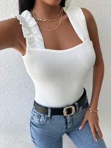 Chất rắn Gân đan Rộng Dây đai Áo - trắng - Xem 3