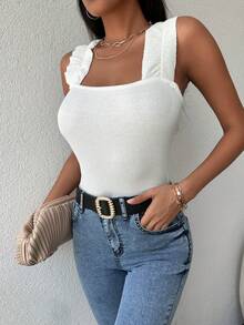 Chất rắn Gân đan Rộng Dây đai Áo - trắng - Xem 4