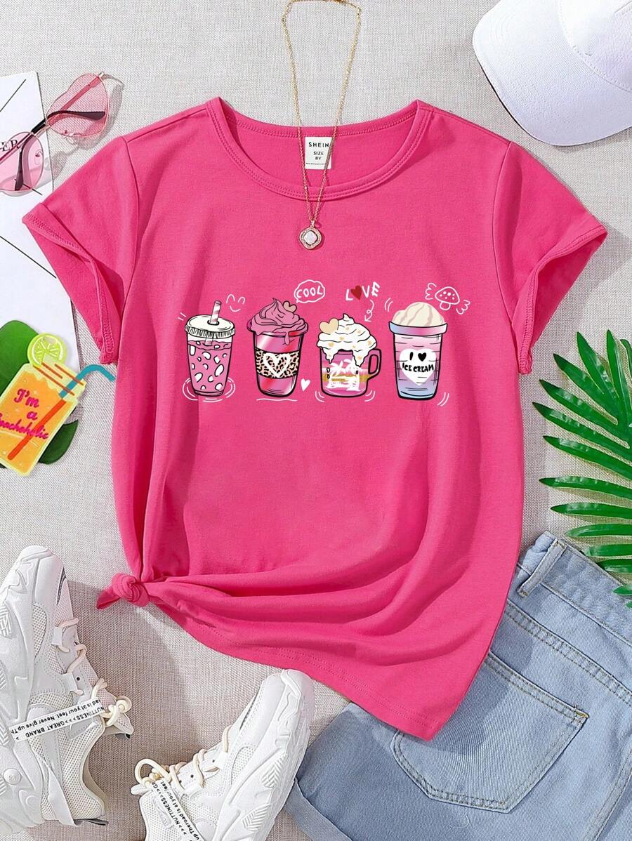 SHEIN Tween Girl Fashionable Beverage & Coffee Cup Printed Basic Pink Short Sleeve T-Shirt, Casual - Hot Pink - View 1