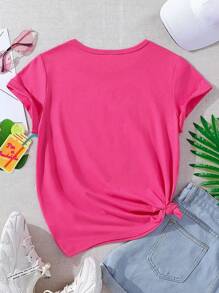 SHEIN Tween Girl Fashionable Beverage & Coffee Cup Printed Basic Pink Short Sleeve T-Shirt, Casual - Hot Pink - View 2