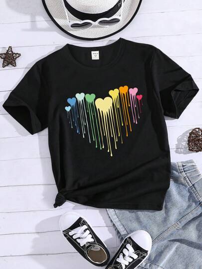 SHEIN Sparklyn 1pc Tween Girl Stylish Casual Ombre Heart Shaped Printed Round Neck Short Sleeve T-Shirt, Summer