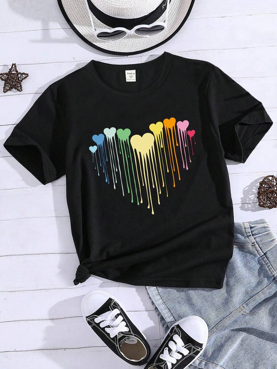 SHEIN Sparklyn 1pc Tween Girl Stylish Casual Ombre Heart Shaped Printed Round Neck Short Sleeve T-Shirt, Summer - Black - View 1